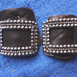 Pair French Cut Steel Shoe Buckles With Leather Backs, Antique, Three Rows, Rectangles