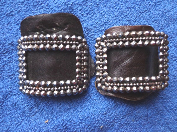 Pair French Cut Steel Shoe Clips With Leather Backs, Antique, Three Rows, Rectangles