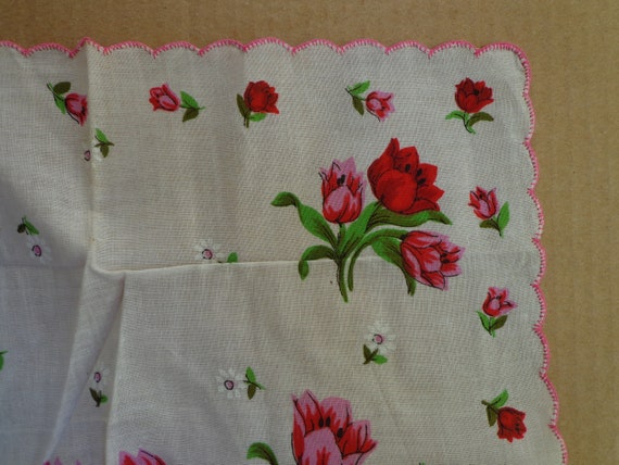 Vintage Hankie, Big Red and Pink Tulips, Tiny Whi… - image 3
