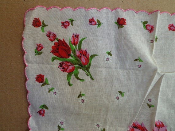 Vintage Hankie, Big Red and Pink Tulips, Tiny Whi… - image 2