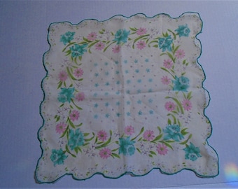 Vintage nylon zakdoek met blauwe narcissen, roze & witte bloemen, vintage zakdoek FS