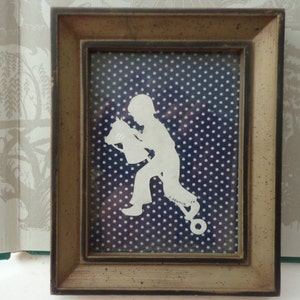 Vintage Framed Scherenschnitte: Boy on Hobby Horse Silhouette, Signed & Dated