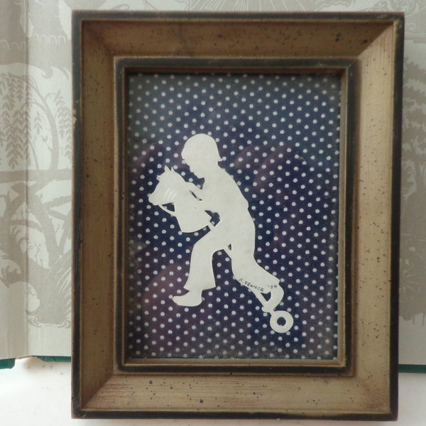 Cut Paper Silhouette of Boy on Hobby Horse, Signed A. France and Dated '74, Framed Hand Cut Paper Art, Scherenschnitte