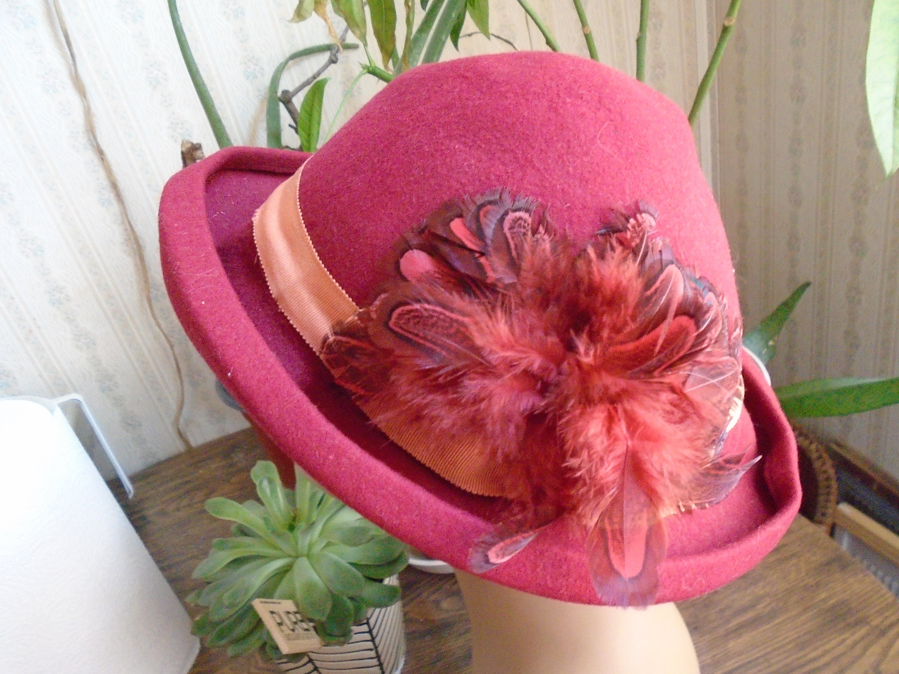 Sliding Hat Rim Vintage Burgundy Wool Hat, Rolled Rim, Trimmed With Feathers and ...