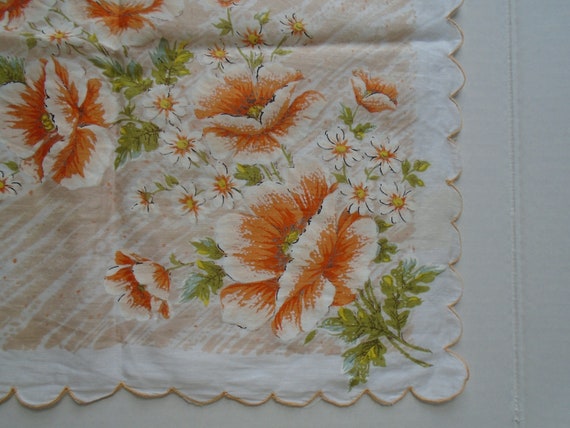 Vintage Hankie, Big Orange Poppies, Tiny White Da… - image 2