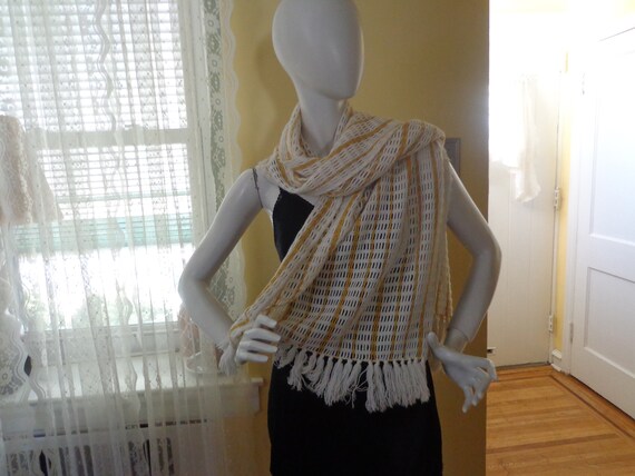 White and Metallic Gold Knit Wrap or Shawl With K… - image 2