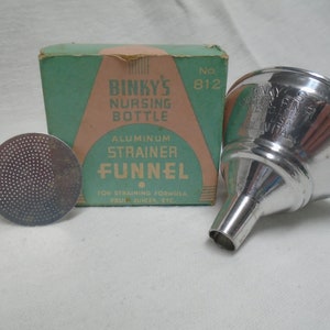 Vintage Small Funnel, Binky&#39;s Nursing Bottle Aluminum Strainer Funnel With Box, No. 812, New Old Stock