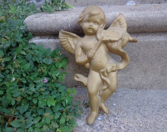 Querubín o ángel de cerámica de 11&quot; con violín, placa de pared vintage, colgante de pared