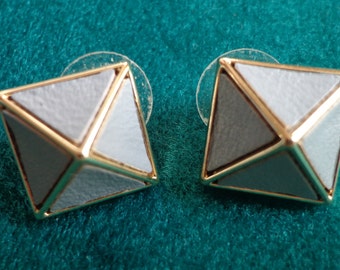 Pierced Earrings, Pyramid Shaped With Gray Inserts, Signed  FS