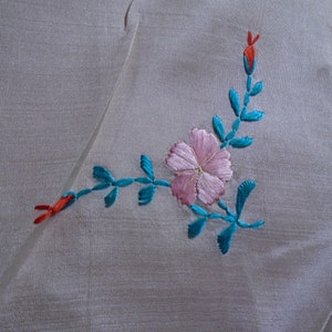 Vintage Hankie, White Silk With Embroidery, Pink Flower, Red Buds, Teal Leaves, Hanky   FS