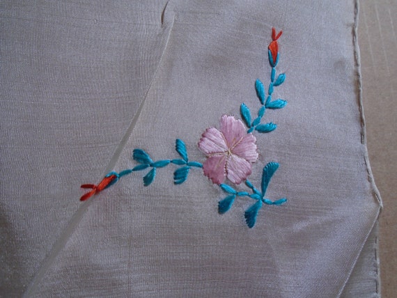 Vintage Hankie, White Silk With Embroidery, Pink … - image 1