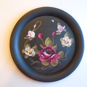 Vintage Tole Painted Tray, Burgundy Rose & White Flowers, 11-1/4&quot; Diameter, Fine Arts Studio, Phila. PA.