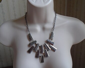 17" Silvertone Bib Necklace, 3 Rows of Textured Bars, 3" Extender