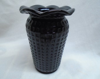 Black Glass Vase, Basketweave Design on Sides, Ruffled Rim, 5-3/4" High, Mid Century Modern Decor