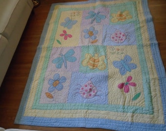 Twin Bed Set ~ Quilt, Shams & Small Pillow, by The Company Store ~ Butterflies, Flowers, Bugs, Blue Check Dust Ruffle