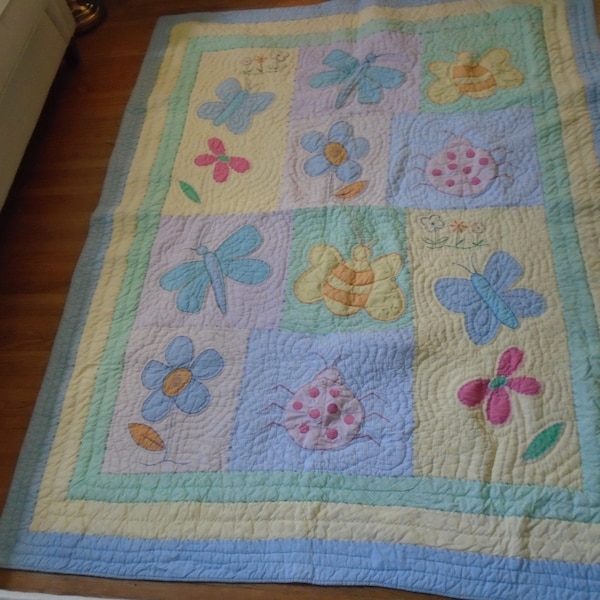 Twin Bed Set ~ Quilt, Shams & Small Pillow, by The Company Store ~ Butterflies, Flowers, Bugs, Blue Check Dust Ruffle