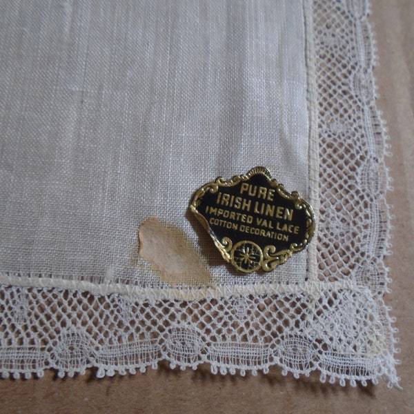 Vintage Irish Linen Hankie, Imported Val Lace Trim, Original Label, Handkerchief, Hanky  FS