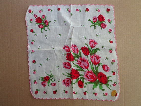 Vintage Hankie, Big Red and Pink Tulips, Tiny Whi… - image 1