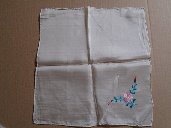 Vintage Hankie, White Silk With Embroidery, Pink … - image 2
