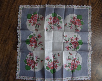 Lenço de algodão vintage: flores rosa, borda cinza, nunca usado