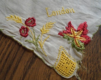 Vintage London Souvenir Hankie: Embroidered Floral Cotton Handkerchief