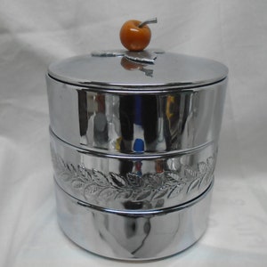 Chase Art Deco Chrome Stack Set ~ 3 Bowls, Butterscotch Bakelite Apple Finial on Lid