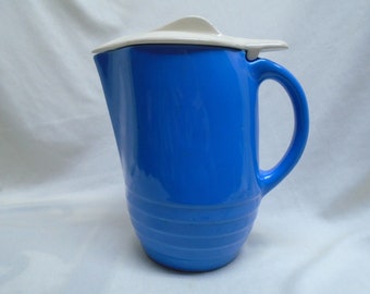 Blue Pitcher With White Lid, 2 Chips on Lid, Vintage Ceramic Pitcher