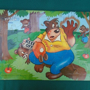 Terry Bears Terry-Toon Frame Tray Puzzle, 1950&#39;s Cardboard Jigsaw Puzzle, Papa Bear, Twin Bears & Another Bear Cub