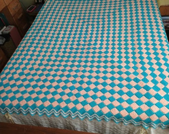 Large Hand Crocheted Throw or Blanket, Peach & Teal, 66" x 74"