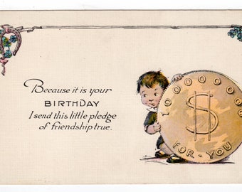 Vintage Birthday Postcard, Child With Large Coin   FS