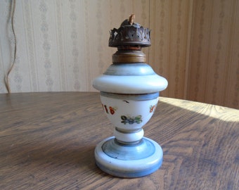 Small 5" Blue Glass Oil Lamp, Hand Painted Floral Decoration