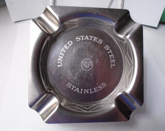 United States Steel Stainless Square Ashtray, USS, Made by General Etching & Mfg. Co., Chicago