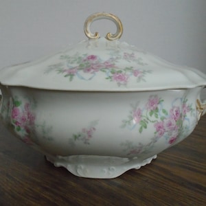 Antique Wm. Guerin Limoges Soup Tureen, Pink Roses & Blue Ribbons, Tiny Chip on Rim of Bowl