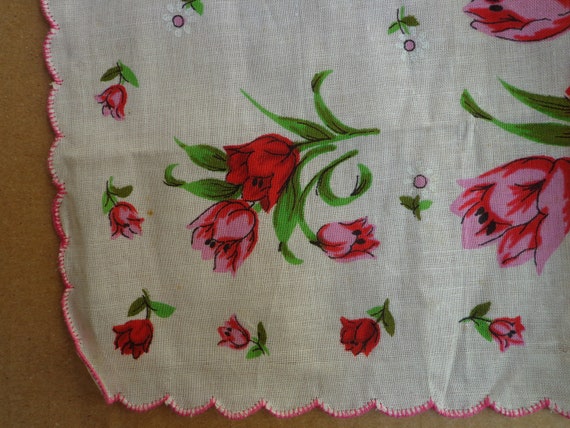 Vintage Hankie, Big Red and Pink Tulips, Tiny Whi… - image 4