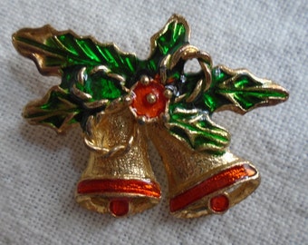 Holly and Bells Brooch, Vintage Christmas Costume Jewelry FS