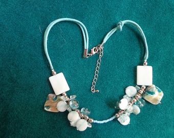 Blue MOP & Faceted Glass Bead Necklace: Adjustable Beaded Cord