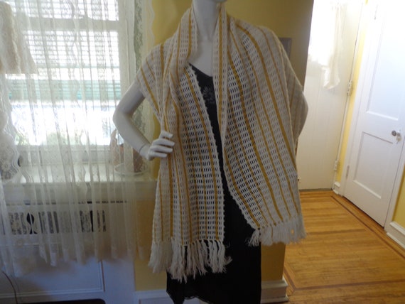 White and Metallic Gold Knit Wrap or Shawl With K… - image 1