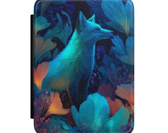 Étui pour Kindle à fleurs renard bleu | Couverture de liseuse Fox Illustration