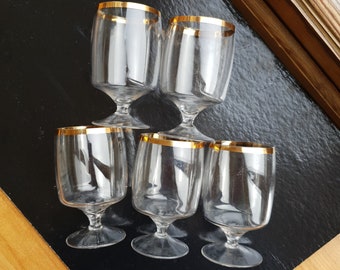 Set of 5 Vintage Cognac/ Brandy/ Liqueur glasses, Old-Fashioned Glassware, Gold rim, Vintage Barware, Thin Glass