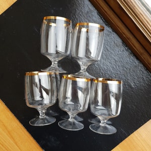 Set of 5 Vintage Cognac/ Brandy/ Liqueur glasses, Old-Fashioned Glassware, Gold rim, Vintage Barware, Thin Glass