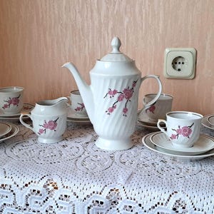 Porcelain Coffee Set 6 person, Vintage gift set thin Porcelain, Latvian Porcelain Coffee set RPR, Coffee drinking set with cherry blossom