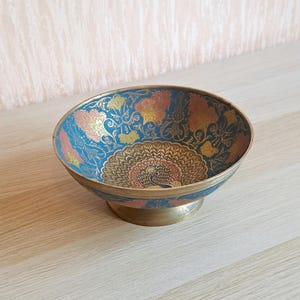 Vintage Brass Peacock Bowl: Hand-Painted Metal Dish, 1970s Home Decor