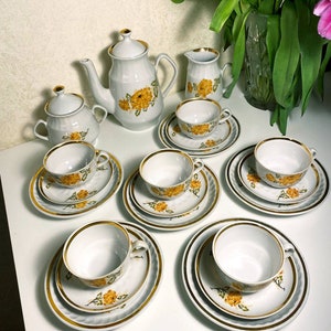Vintage Latvian Porcelain Tea Set: Floral Gold Trim, 6 Person