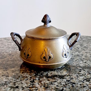 Antique sugar bowl metal, brass sugar pot, old sugar tray, brass metal antique dish, Buch Brothers&#39; tableware Poland, collectible brass dish