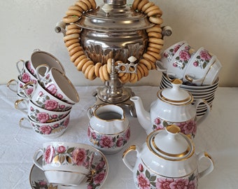 Vintage Latvian Big Porcelain Tea Set: Floral Gold Trim, 12 person, tea set porcelain, RPR USSR fine porcelain, new condition not used