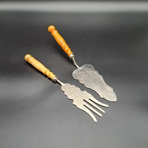 Serveerlepel en vorkenset vintage, sierlijk bestek, keukenspatel en vork, Sovjet-bestek vintage/keukengerei, kookgerei, tafelservies