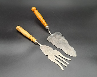 Serving Spoon and Fork Set Vintage, Ornate cutlery, Kitchen spatula and fork,Soviet Cutlery Vintage/kitchenware, cookingware, table serving