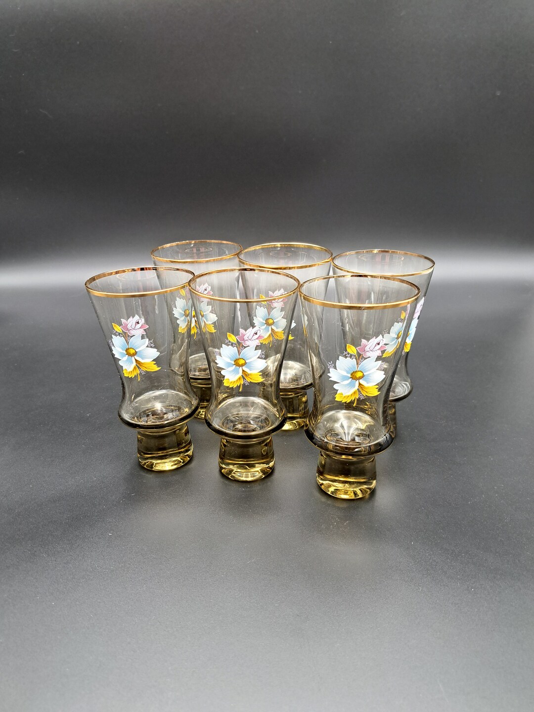 Set of 6 Vintage Glasses, Light Dark Bottom Soda Glasses, Vintage