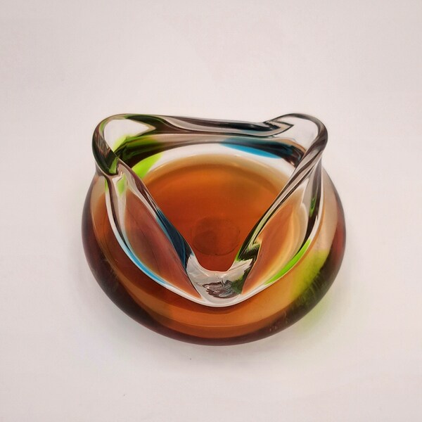 Glass ashtray Multicolor, Thick curved glass ashtray, Vintage ashtray, art glass ashtray, Small rainbow glass bowl, Mid century amber glass