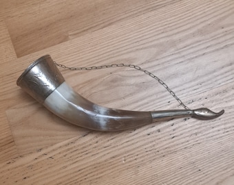 Drinking Horn with Chain, Caucasian horn engraved Silver Plate Metal Fittings, Vikings Vintage Barware Pub Bar Decoration, hunting house dec